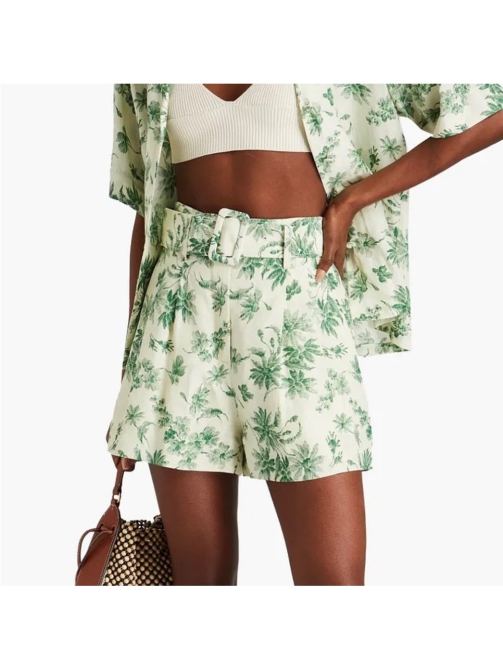 Sandro Green Floral Belted High-Waist Shorts